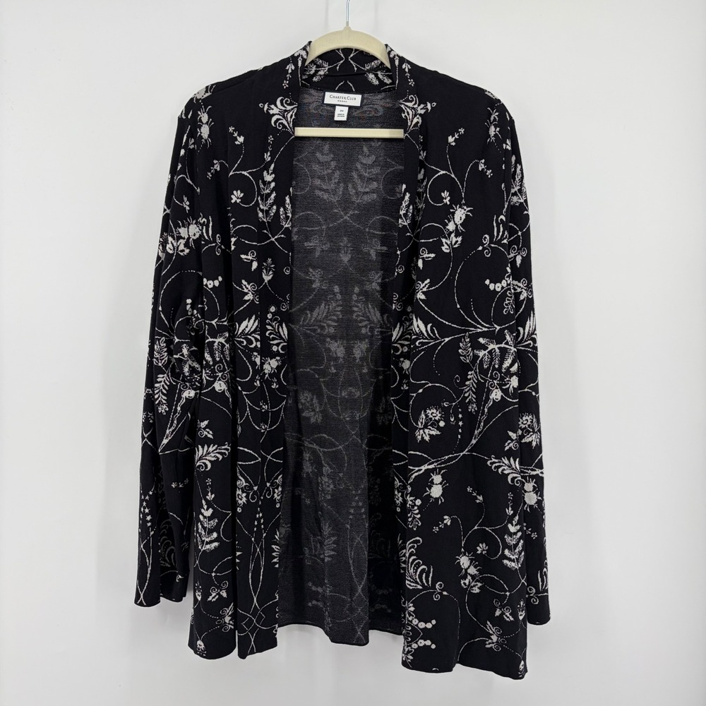Charter Club Cardigan Black Women 2X Floral Scroll Open Front Cotton Blend Knit